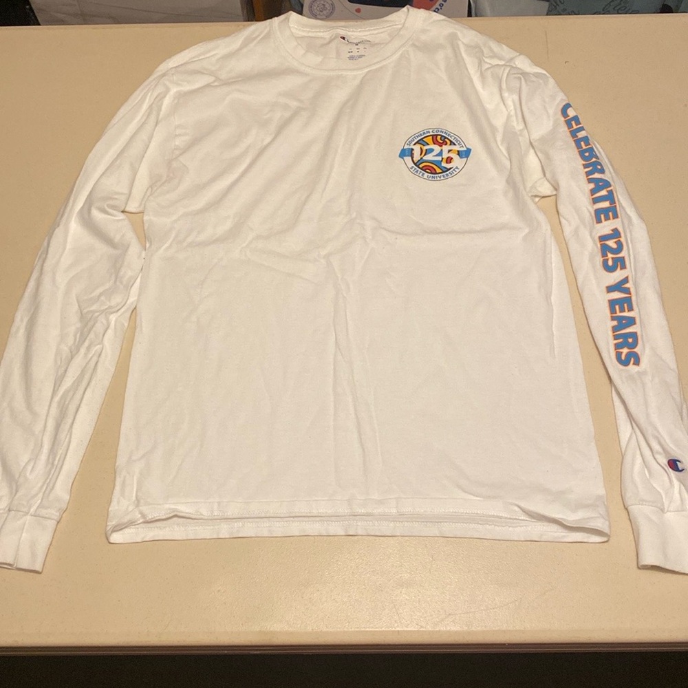 Scsu Champion White Long Sleeve Tee with Blue Sleeve Graphics
